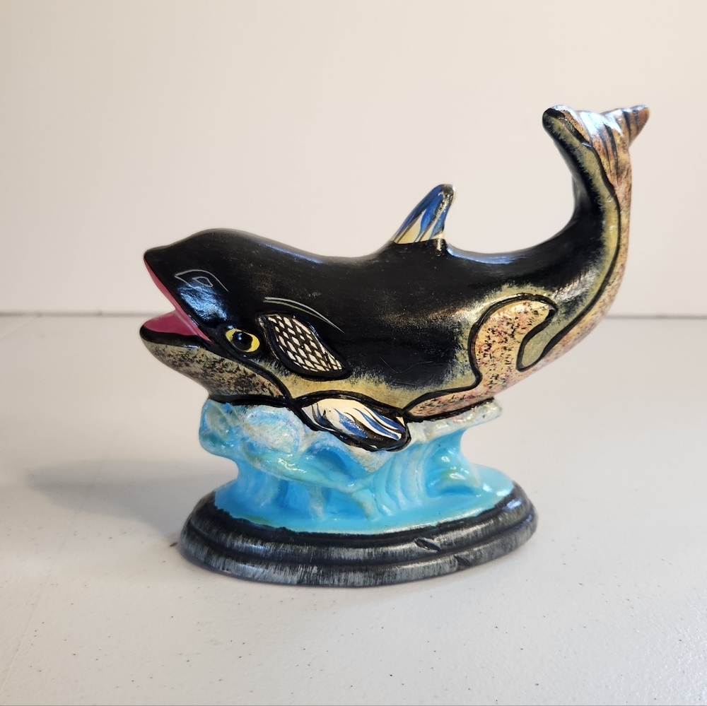 Vintage Black Orca Killer Whale Ceramic Painted Art Statue Kitsch Eclectic 1970s